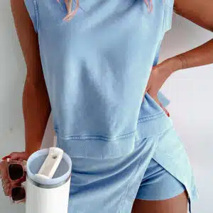 Myosotis 2 Pieces Mineral Wash Cotton Tank Top Lined Split Skirt Set