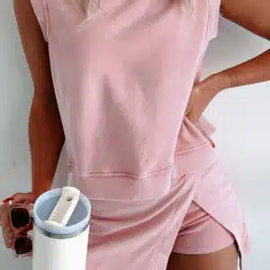 Light Pink 2 Pieces Mineral Wash Cotton Tank Top Lined Split Skirt Set