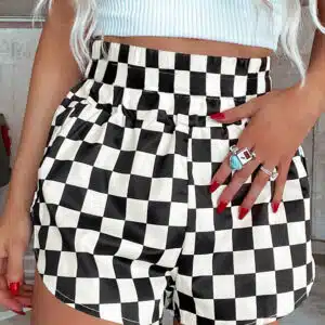 Black Checkered Print High Waist Casual Shorts