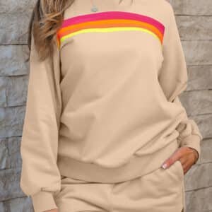 Apricot Striped Accent Pullover and Shorts Two Piece Casual Set