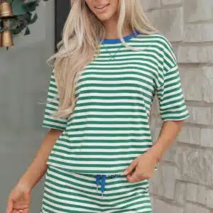 Green Stripe Drop Shoulder Boxy Casual Terry Short Set